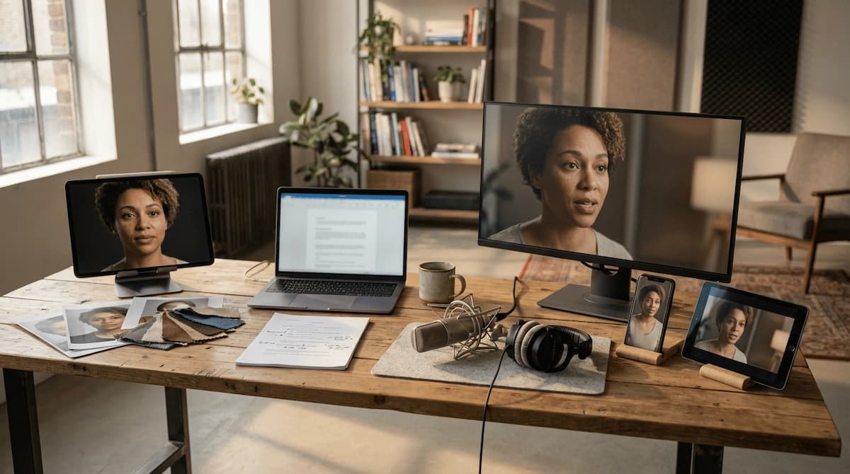 Creative workspace demonstrating the best AI video generators producing realistic AI avatar videos across desktop, tablet, and mobile devices.