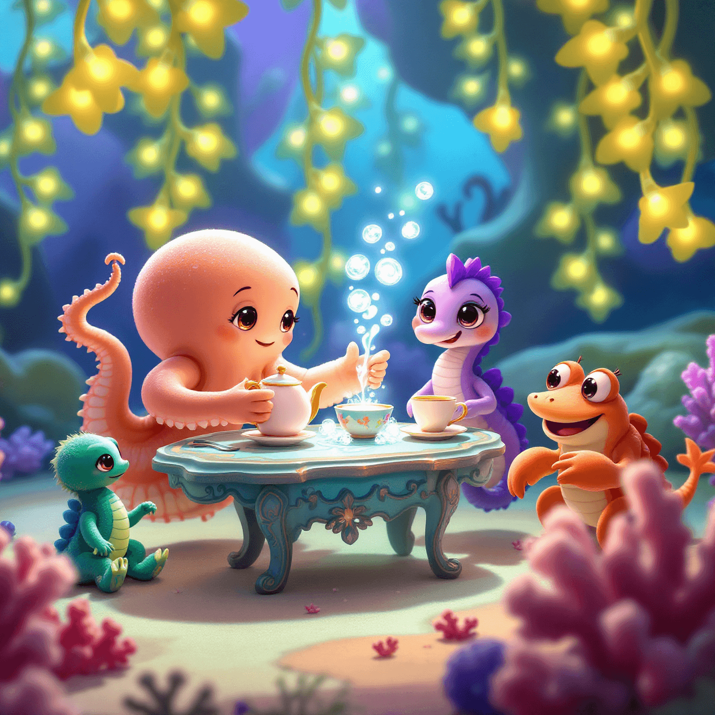 A 3D-style digital illustration of cute cartoon sea creatures having a tea party underwater, generated by Flux 1.1 Pro at 1440x1440 resolution. A pink octopus pours tea at a blue table for a purple seahorse, a small green creature, and an orange crab, surrounded by glowing yellow plants.