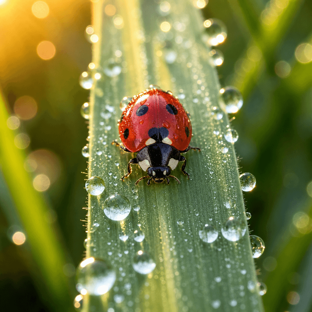 A square, close-up macro photograph generated by GPT Image 2 Medium at 1024x1024 resolution. A shiny red ladybug with black spots rests on a vertical green blade of grass. Numerous round dew drops cling to the grass and reflect the warm, golden sunrise light in the blurred background.