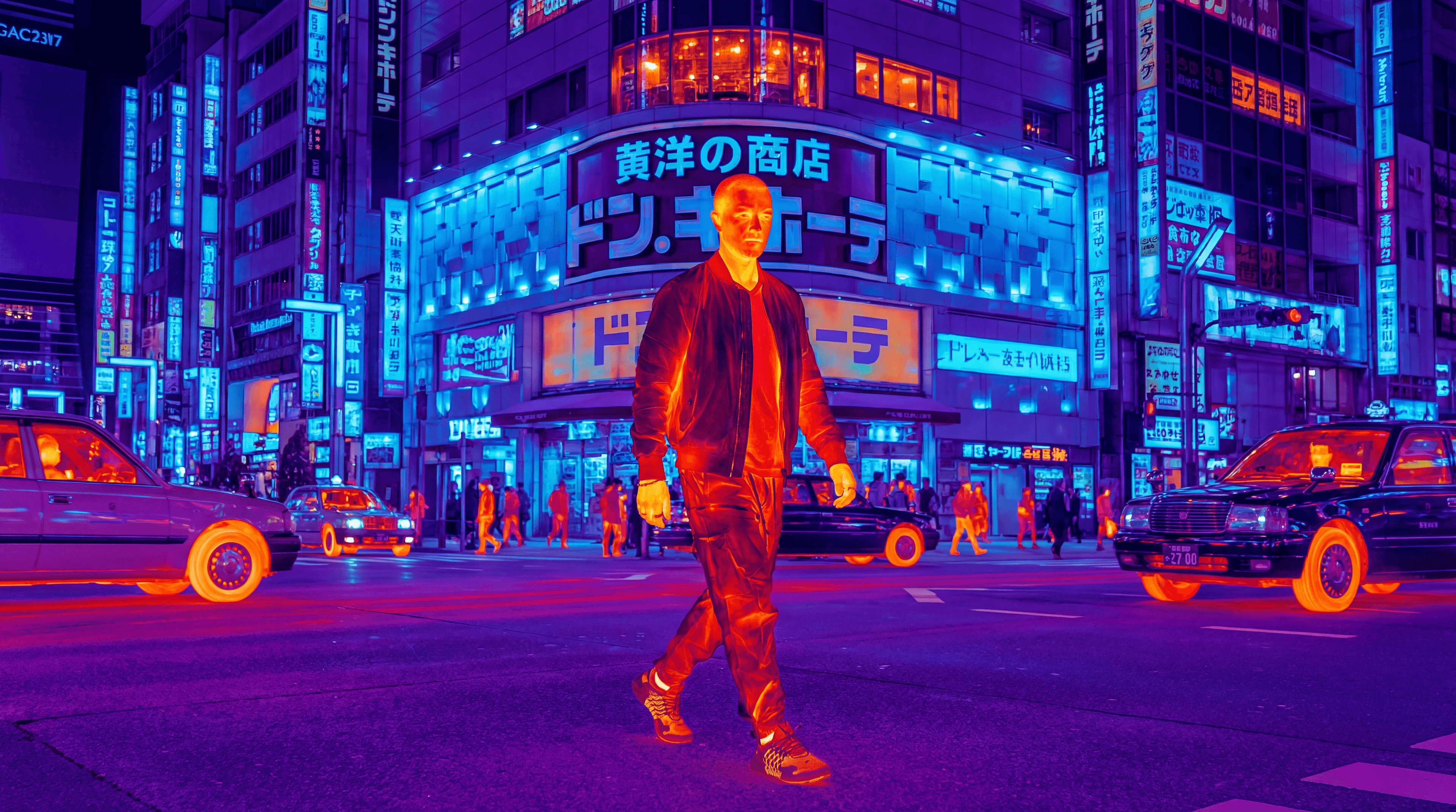 A high-resolution 5504x3072 image generated by Nano Banana Pro, showing a man walking across a city street at night. The scene uses a thermal imaging style, with the man and nearby cars glowing in warm orange and red heat signatures, while the surrounding Japanese neon-lit buildings are cast in cool blue and purple tones.