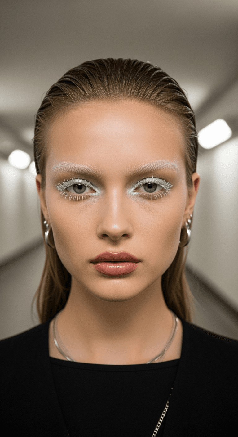 A vertical portrait of a young woman with slicked-back, wet-look hair and futuristic makeup, featuring bleached eyebrows and shimmering silver eyelashes. She wears a black top and silver jewelry against a blurred, brightly lit corridor background. This 768x1408 image was generated using the Imagen4 model.