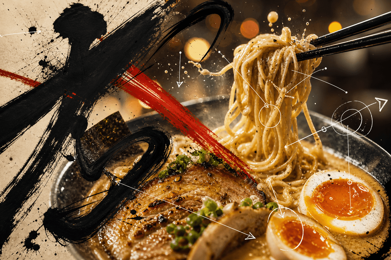 Cinematic close-up of tonkotsu ramen with a jammy egg and chashu, overlaid with sweeping black sumi-e brushstrokes and hand-drawn annotation
