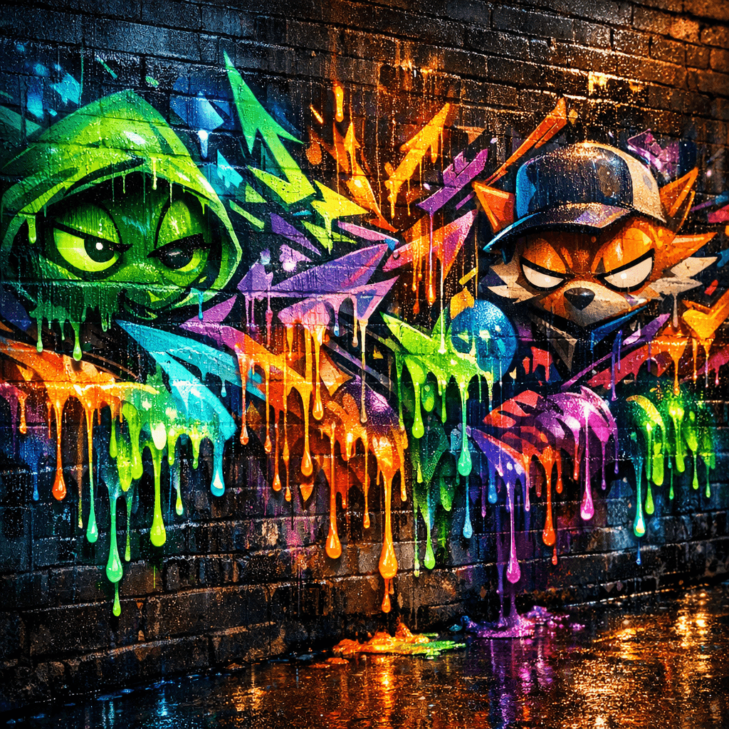 A vibrant, dripping graffiti mural on a dark brick wall, created at 1024x1024 resolution using GPT Image 1.5. The artwork features a green hooded character and an orange fox wearing a cap, surrounded by electric blue, neon green, and purple paint dripping onto a wet, reflective ground.