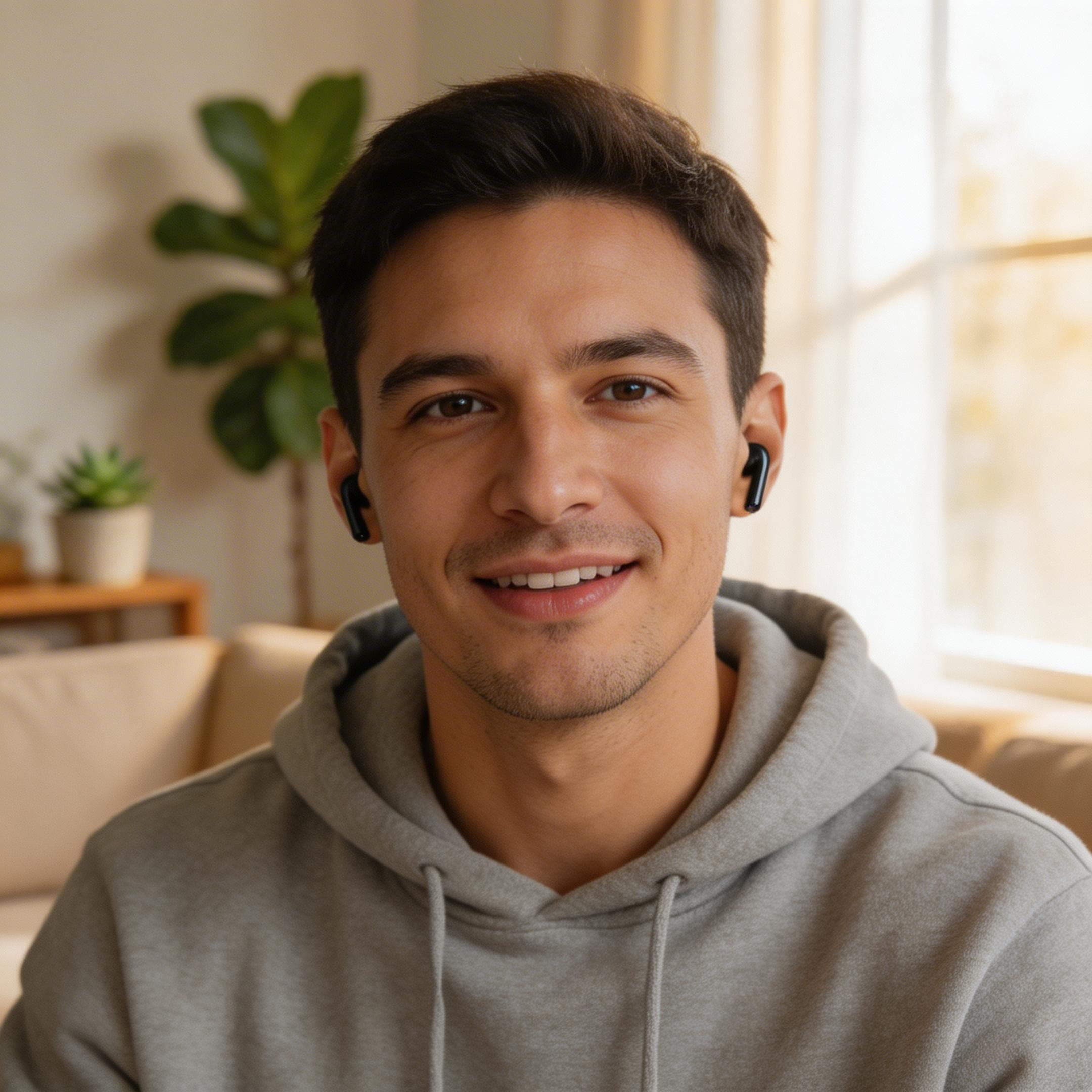 A square-format portrait of a smiling young man wearing a grey hoodie and black wireless earbuds. He looks directly at the camera in a brightly lit, cozy living room with blurred plants in the background. Generated by Seedream 5.0 Lite at 2160x2160 resolution.