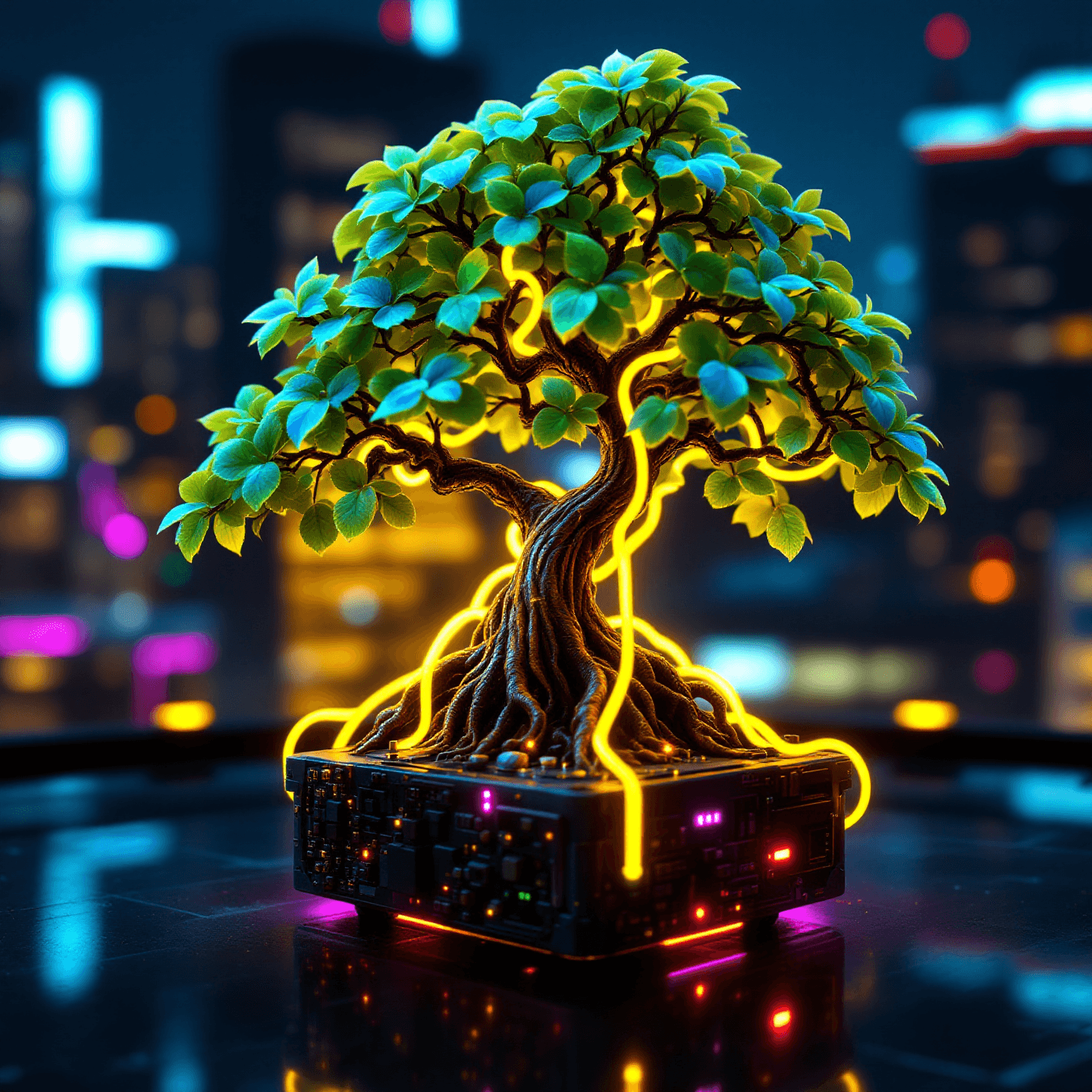 A digital close-up of a glowing green bonsai tree planted on a dark, illuminated circuit board. Yellow neon-like wires wrap around the trunk and roots. The background features an out-of-focus cyberpunk city skyline at night with blue and purple lights. Generated by Flux 1.1 Pro at 1440x1440 resolution.