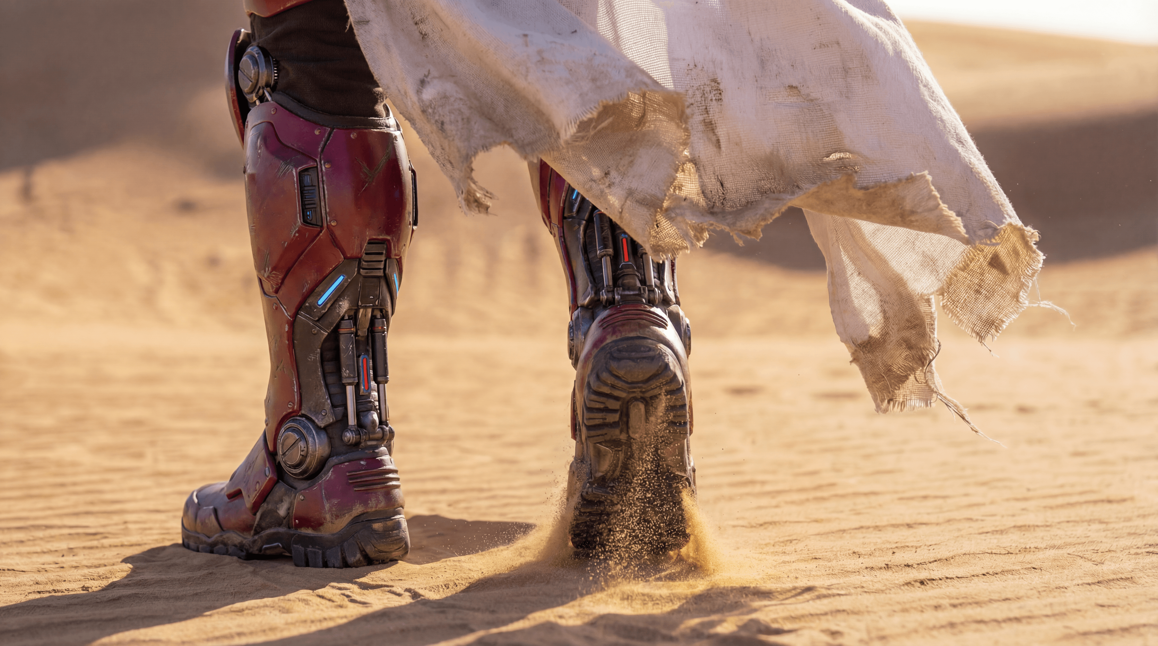 A close-up rear view of futuristic crimson space suit boots walking across a sandy desert dune, kicking up fine sand. A tattered white cloak flutters above the mechanical legs. Generated by Nano Banana Pro at a resolution of 5504x3072.