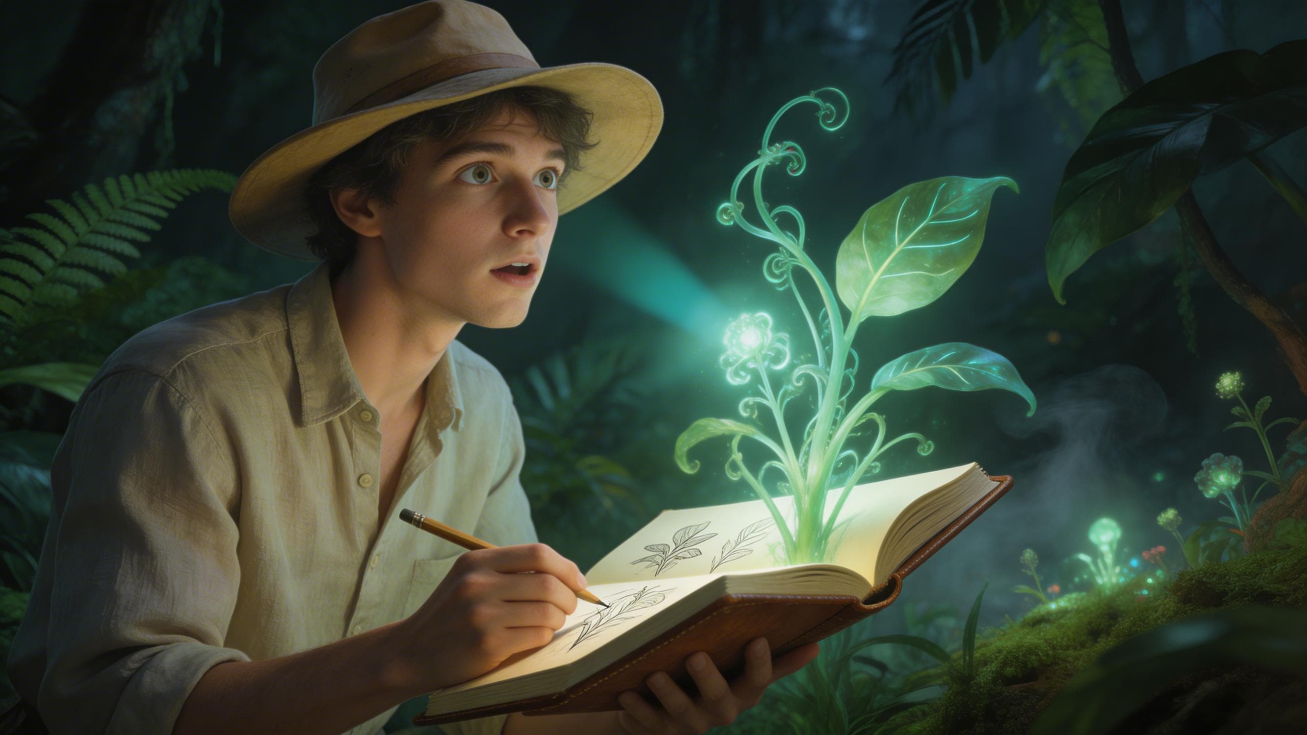 A high-resolution 2560x1440 image generated by Seedream 5.0 Lite showing a young botanist in a sunhat holding an open journal. A glowing, bioluminescent green plant rises from the page, casting a soft light on his amazed face as he holds a pencil. The background is a dark, lush jungle.