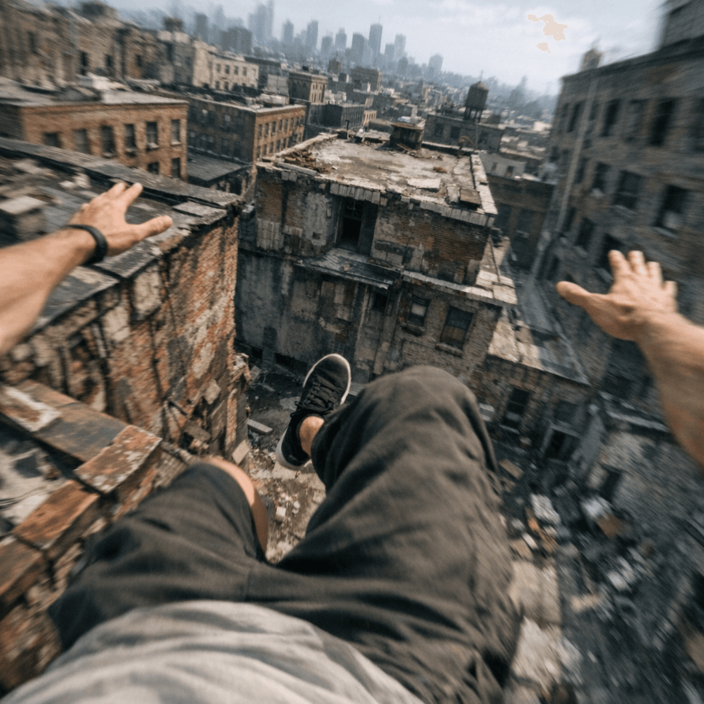 A first-person perspective image generated by GPT Image 1.5 at 1024x1024 resolution, showing a parkour runner mid-air. The viewer sees the runner's hands outstretched and legs extended over a deep gap between old brick apartment buildings, with a hazy city skyline visible in the background.