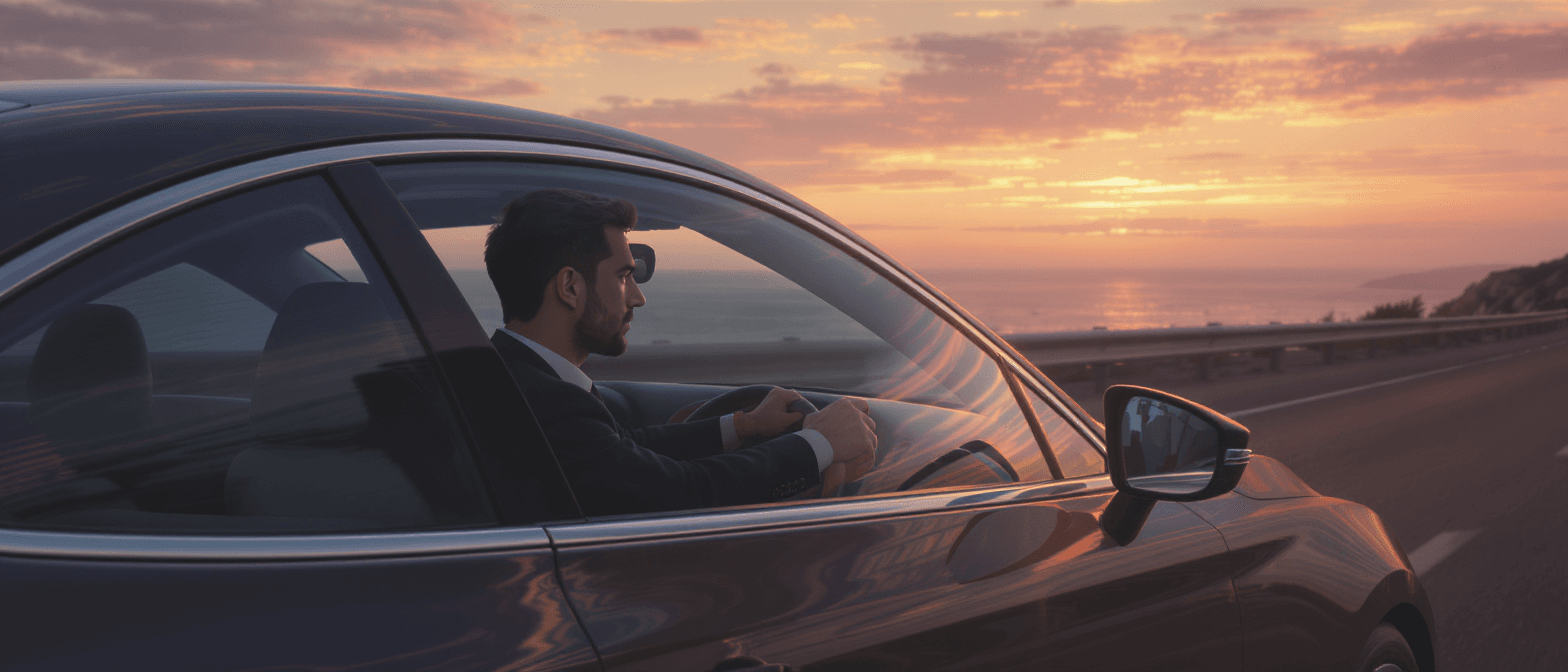 A profile view of a man in a dark suit driving a sleek purple sedan along a coastal highway. The sunset glows orange and pink over the ocean in the background. Generated using Flux Kontext Max at 1568x672 resolution.