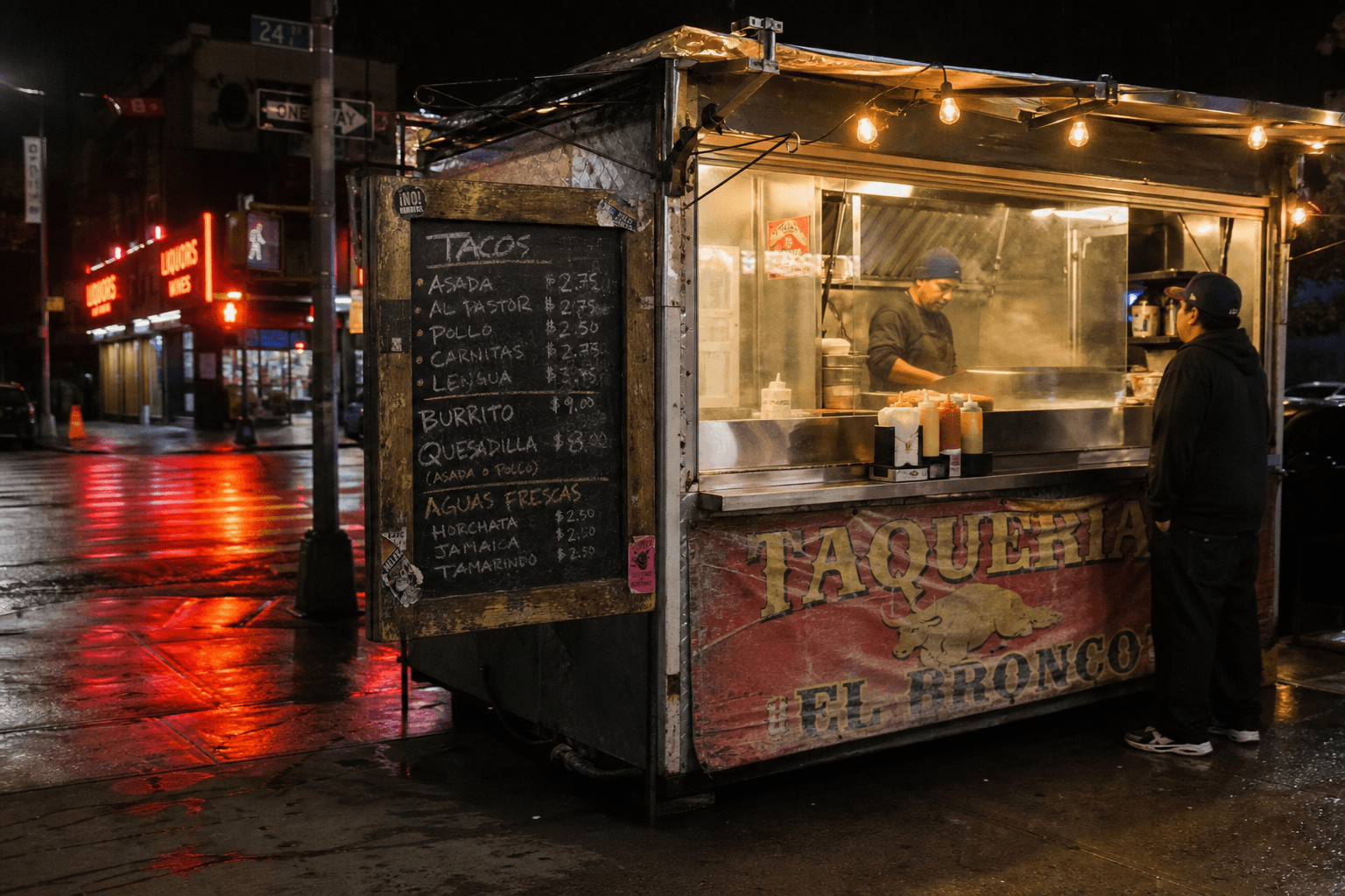 A lit taco cart at night with a side menu board and a cook at the open window.