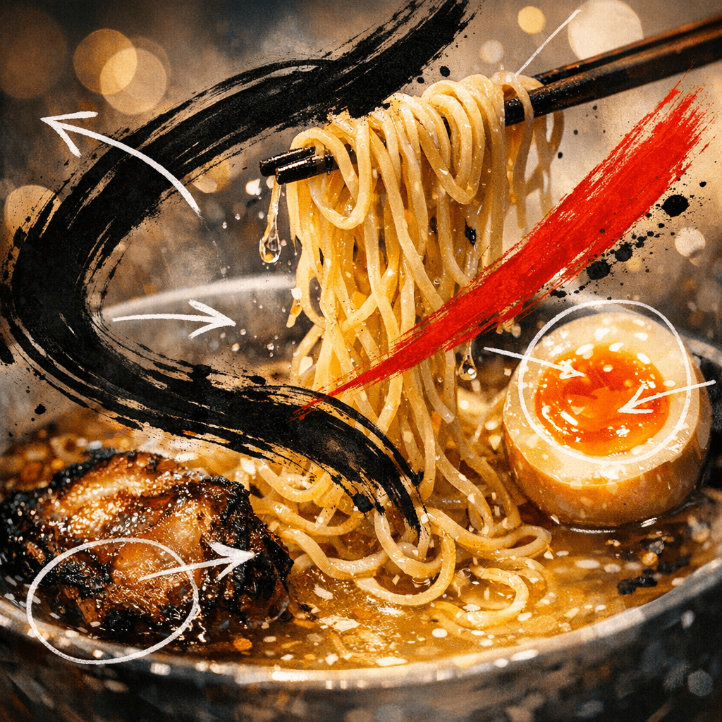 Photoreal golden tonkotsu ramen close-up overlaid with black sumi-e brushstrokes, hand-drawn arrows and callouts, and a vermilion accent slash