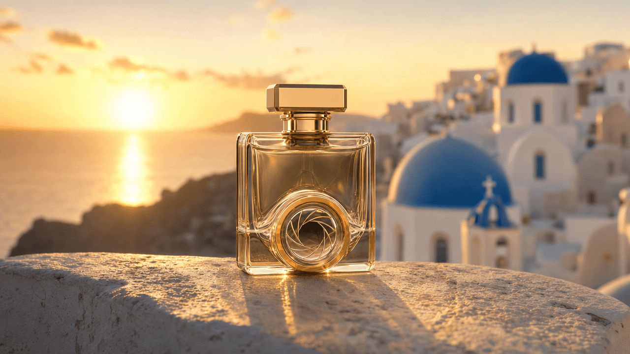 A glass perfume bottle with a gold cap sits on a stone ledge overlooking the iconic blue-domed buildings of Santorini, Greece. The warm sunset light illuminates the scene, casting long shadows. Generated with GPT Image 2 High at 1280x720 resolution using an image-to-image workflow.