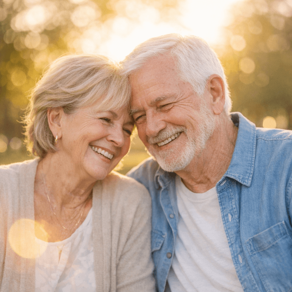 A close-up shot of a smiling senior couple leaning their heads together in warm, golden hour sunlight. Generated using GPT Image 1.5 at 1024x1024 resolution, the image depicts a blonde woman in a beige cardigan and a man with white hair and beard in a blue denim shirt.