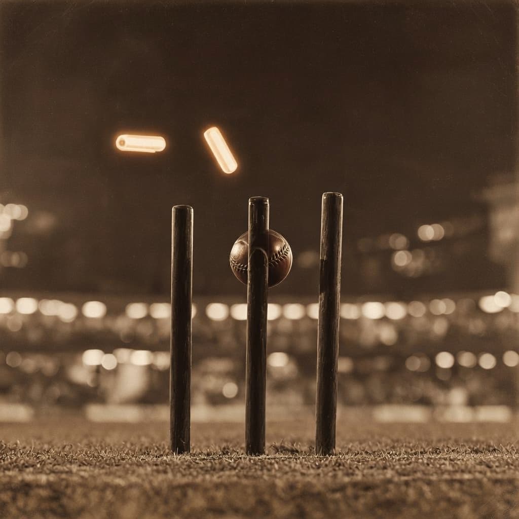 A square 1024x1024 image generated with Grok Imagine showing a cricket ball striking the middle stump. The two bails are suspended in mid-air above the wickets, glowing faintly. The entire scene is captured in a warm, antique sepia tone with a blurred stadium audience in the background.