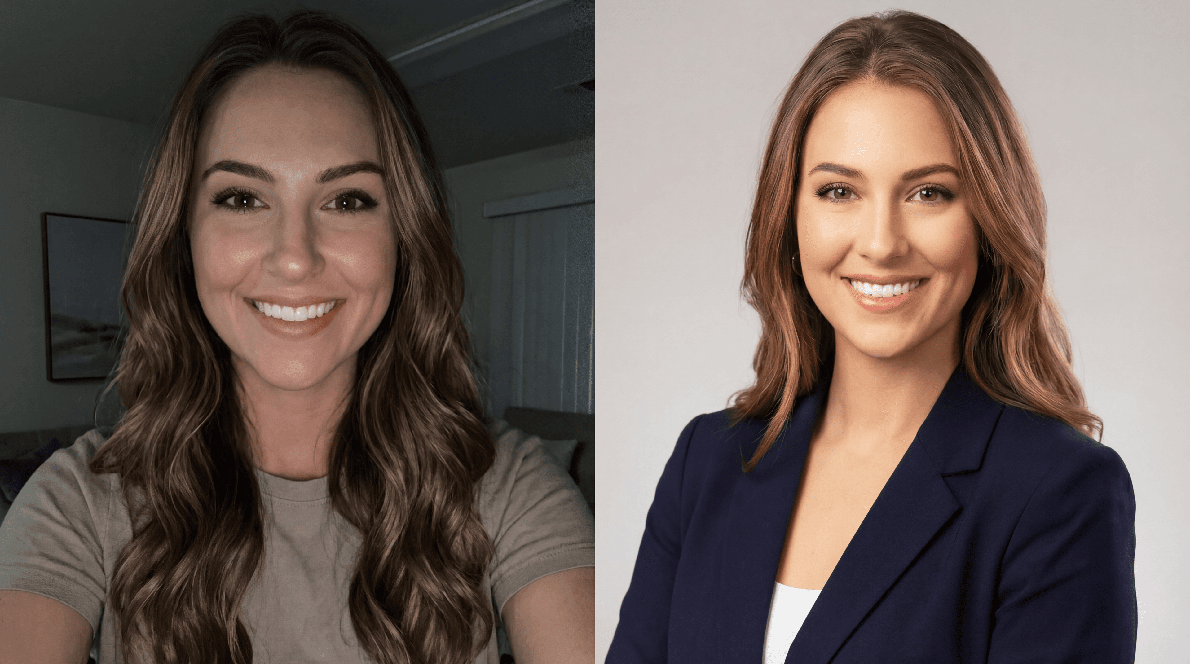 A split-screen comparison image generated by Nano Banana Pro at 5504x3072 resolution. On the left, a young woman with wavy brown hair smiles in a dimly lit, casual selfie. On the right, the same woman is shown in a brightly lit, professional corporate headshot wearing a navy blue blazer.