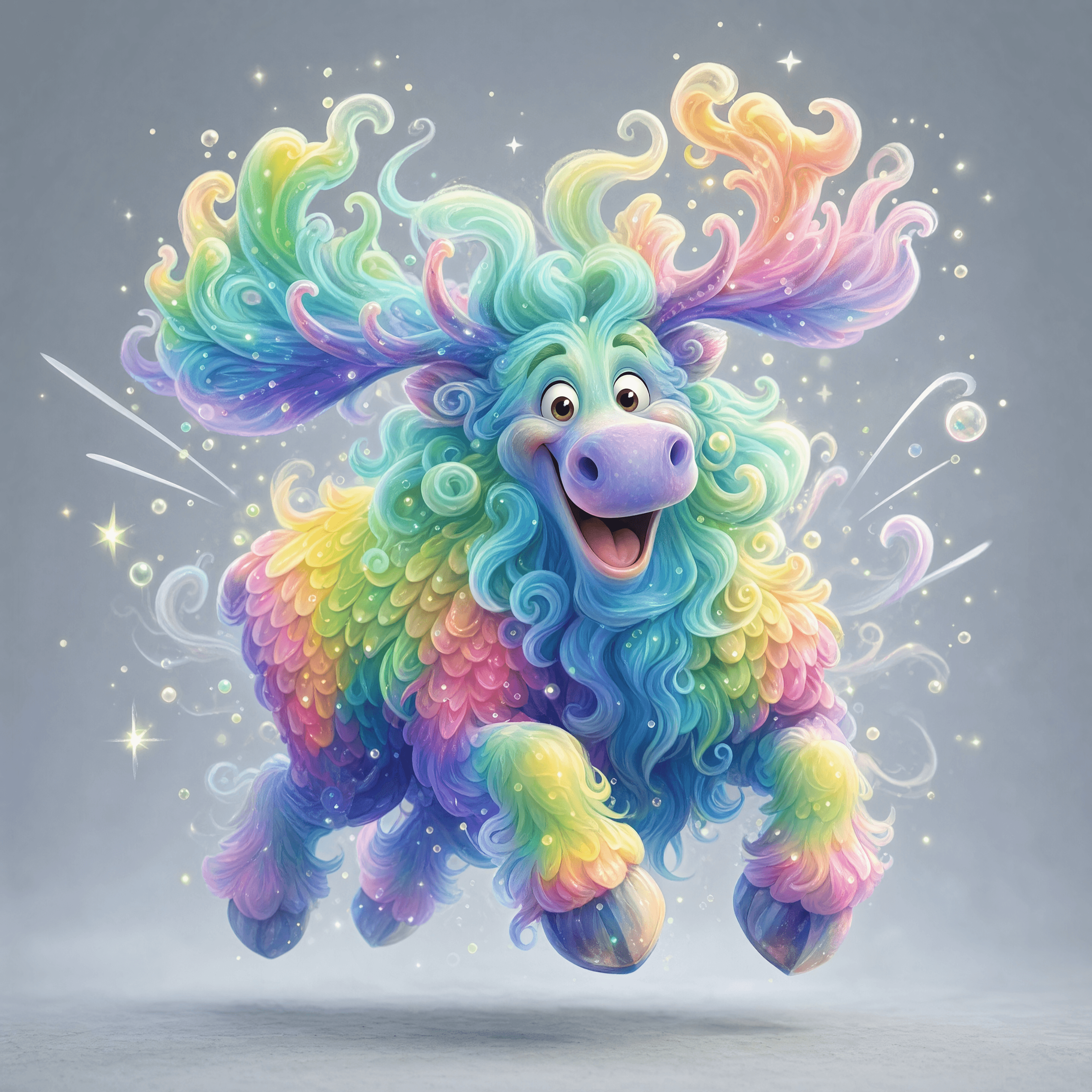 A square 2880x2880 digital illustration of a cheerful cartoon moose with vibrant, rainbow-colored curly fur and flowing, stylish antlers. The character is jumping in mid-air against a light gray background surrounded by glowing sparkles and small bubbles, generated using the GPT Image 2 High model.