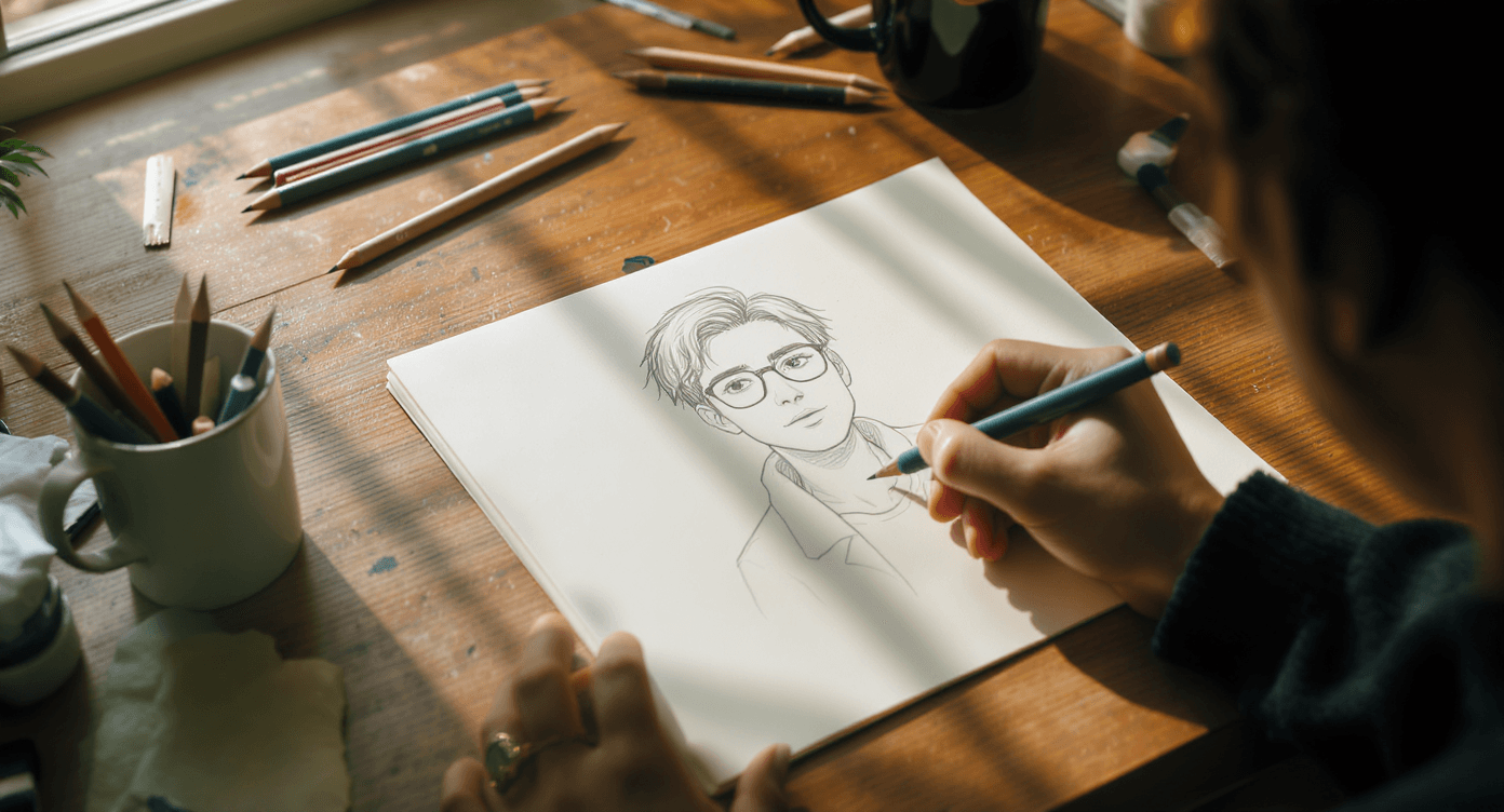 An over-the-shoulder shot of an artist's hand sketching a pencil portrait of a man with glasses on cream paper. The wooden desk is cluttered with pencils and a ceramic mug under warm morning sunlight. Generated using Flux Kontext Max at 1392x752 resolution.