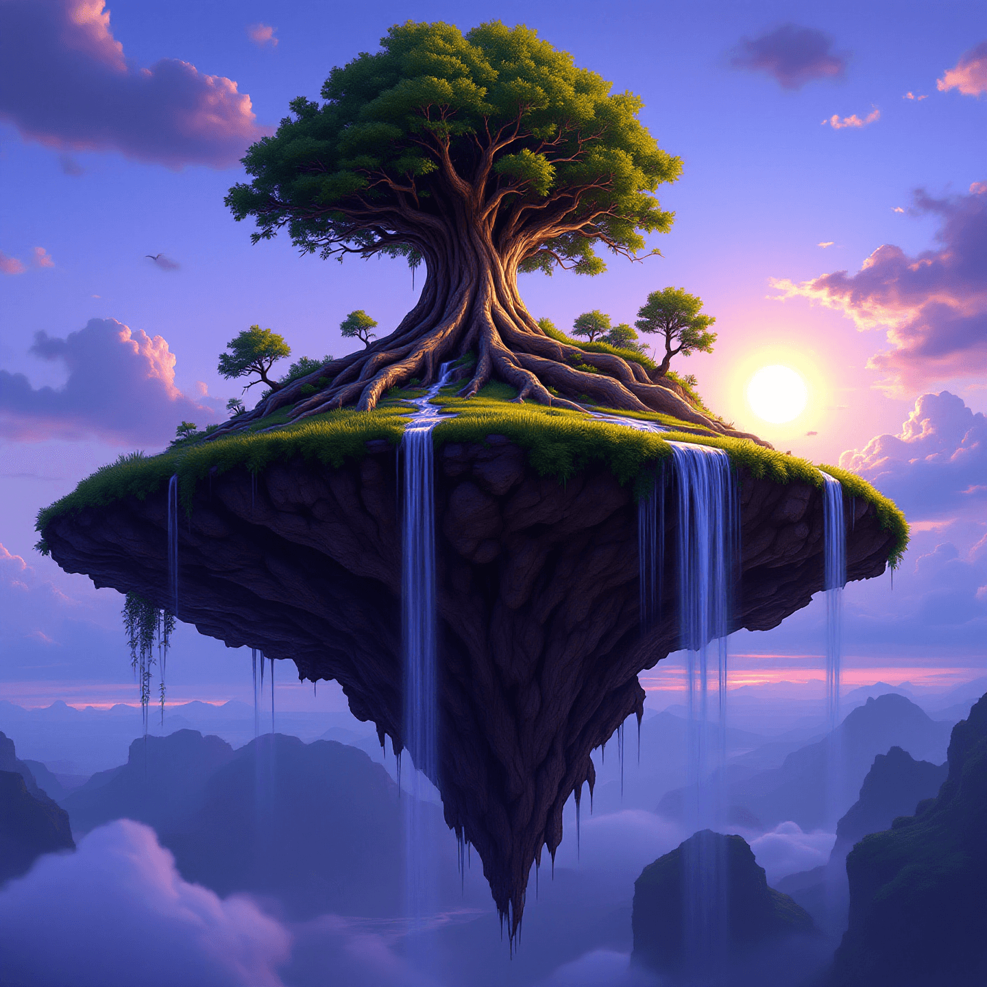 A digital art piece depicting a floating island with a large central tree and cascading waterfalls, suspended in a sunset sky above misty mountain peaks. This image was generated using the Flux 1.1 Pro model at a resolution of 1440x1440.