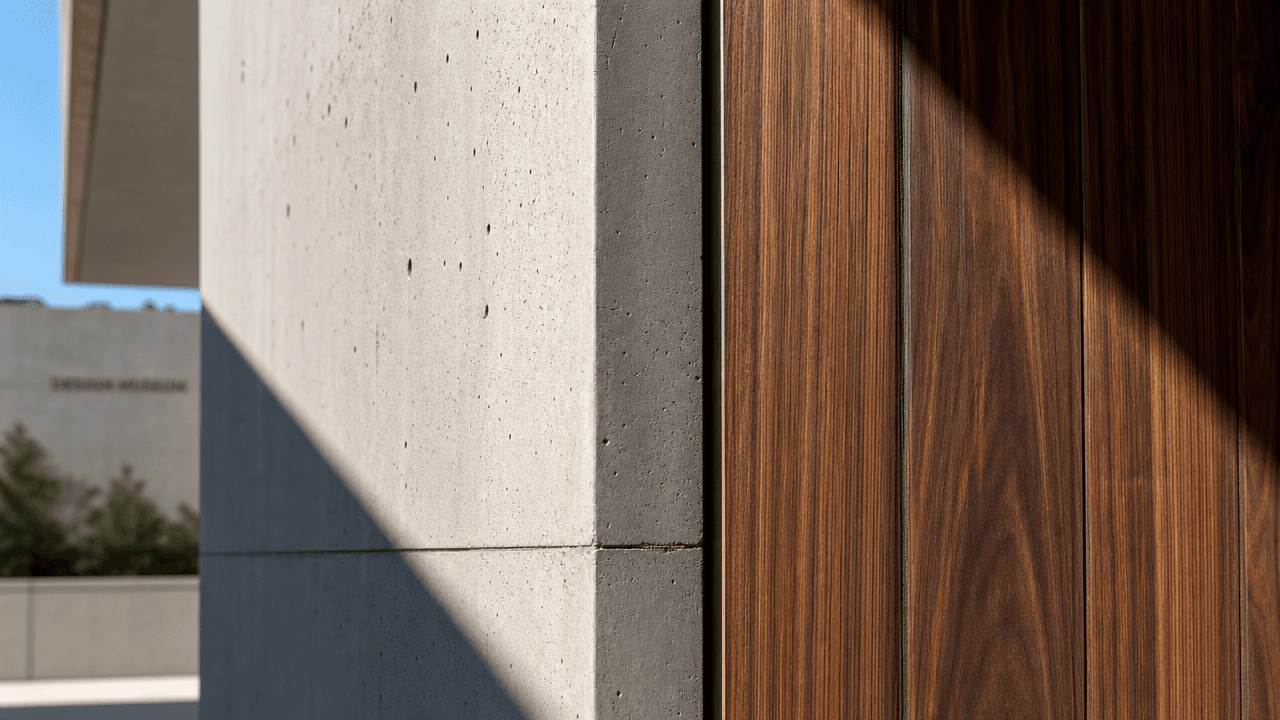 A close-up image showing a modern architectural corner where a smooth, light grey concrete wall meets dark brown vertical wood panels. A sharp shadow bisects the concrete wall diagonally under a bright blue sky. Generated using GPT Image 2 Medium at 1280x720 resolution.
