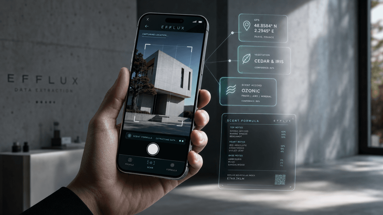 A hand holding a smartphone showing an app called Efflux scanning a concrete building. Glowing holographic user interface boxes float in the air to the right of the phone, displaying location coordinates, scent formulas, and chemical notes. Generated using GPT Image 2 High at 1280x720 resolution.