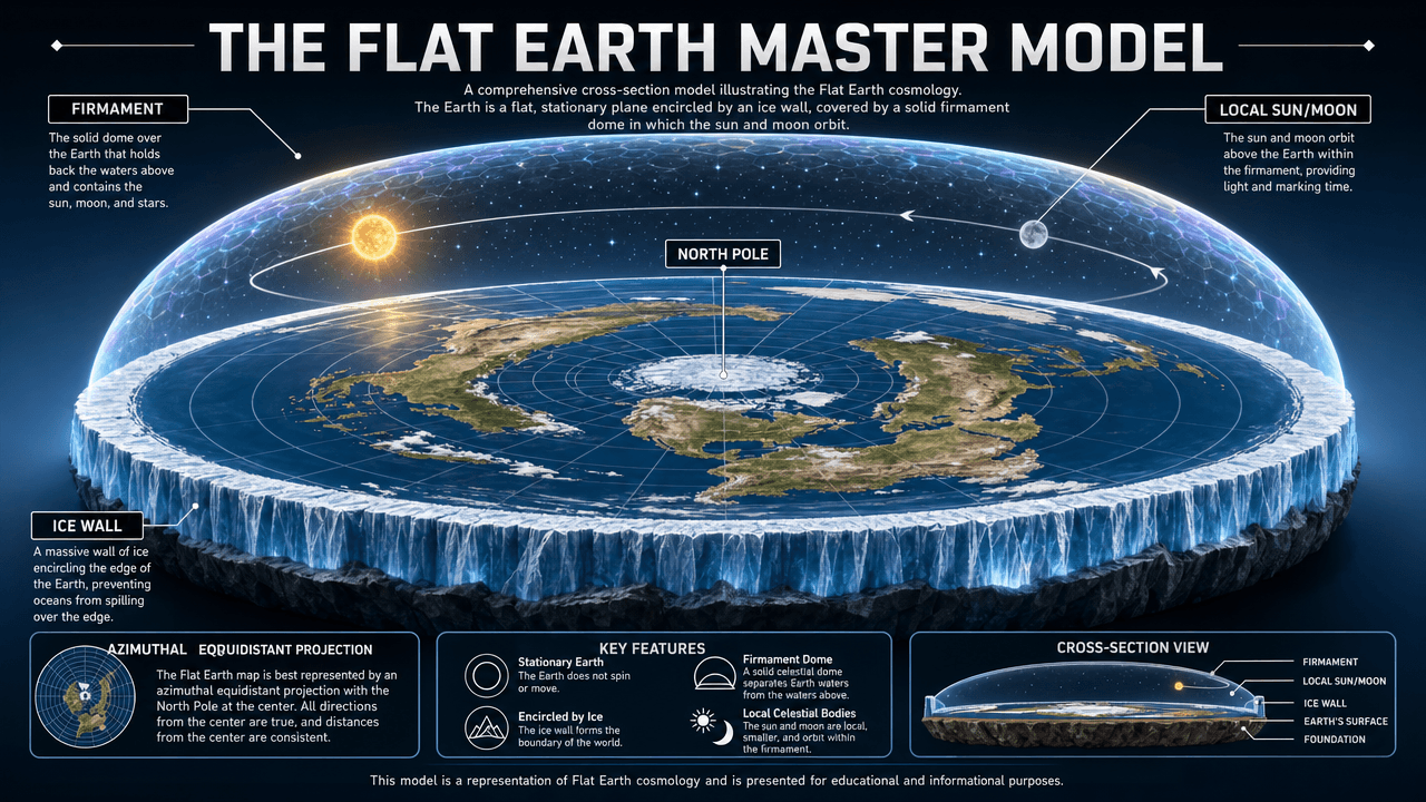 An educational infographic titled The Flat Earth Master Model, generated by GPT Image 2 High at 1280x720 resolution. It features a three-dimensional cross-section of a flat circular Earth enclosed by a transparent glass dome, with a prominent ice wall along the rim and annotated text boxes explaining the cosmology.