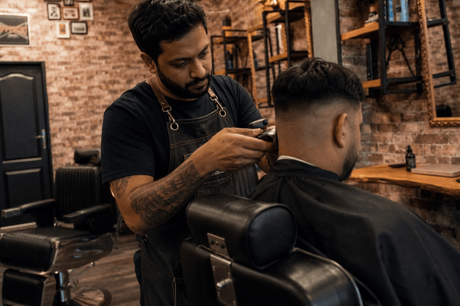 A barber gives a fade haircut in a modern, brick-walled barbershop.