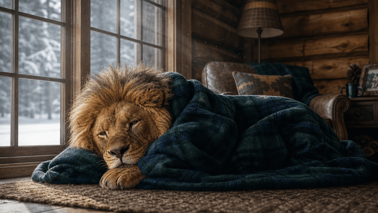 A male lion lies on a brown rug inside a rustic wooden cabin, wrapped in a dark blue and green plaid blanket. The lion rests its head on its paw, looking sleepy. Outside the large window, a snowy winter forest is visible. Generated with GPT Image 2 Medium at 1280x720 resolution.