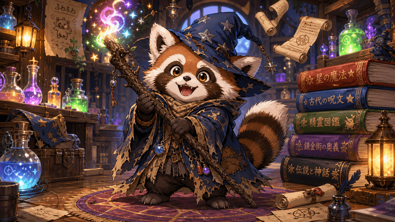 A digital illustration of a cute, plump red panda and raccoon hybrid character dressed as a wizard, generated by GPT Image 2 Medium at 1280x720 resolution. The creature wears a pointy blue wizard hat with stars and tattered robes, holding a wooden staff that glows with rainbow magic. It stands in a workshop filled with spellbooks, potions, and scrolls.