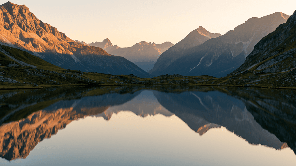 A wide landscape photograph of a serene mountain range during golden hour, perfectly reflected in the glass-like surface of a calm lake. Generated using the Flux.2 [klein] 9B model at 1024x576 resolution, the image captures warm light hitting the rocky peaks against a clear, soft gradient sky.