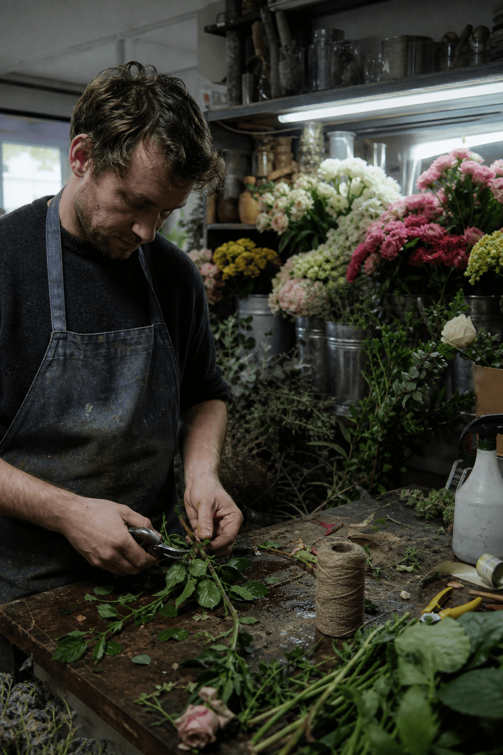 A florist trims flower stems at a cluttered workbench under shop fluorescent light.