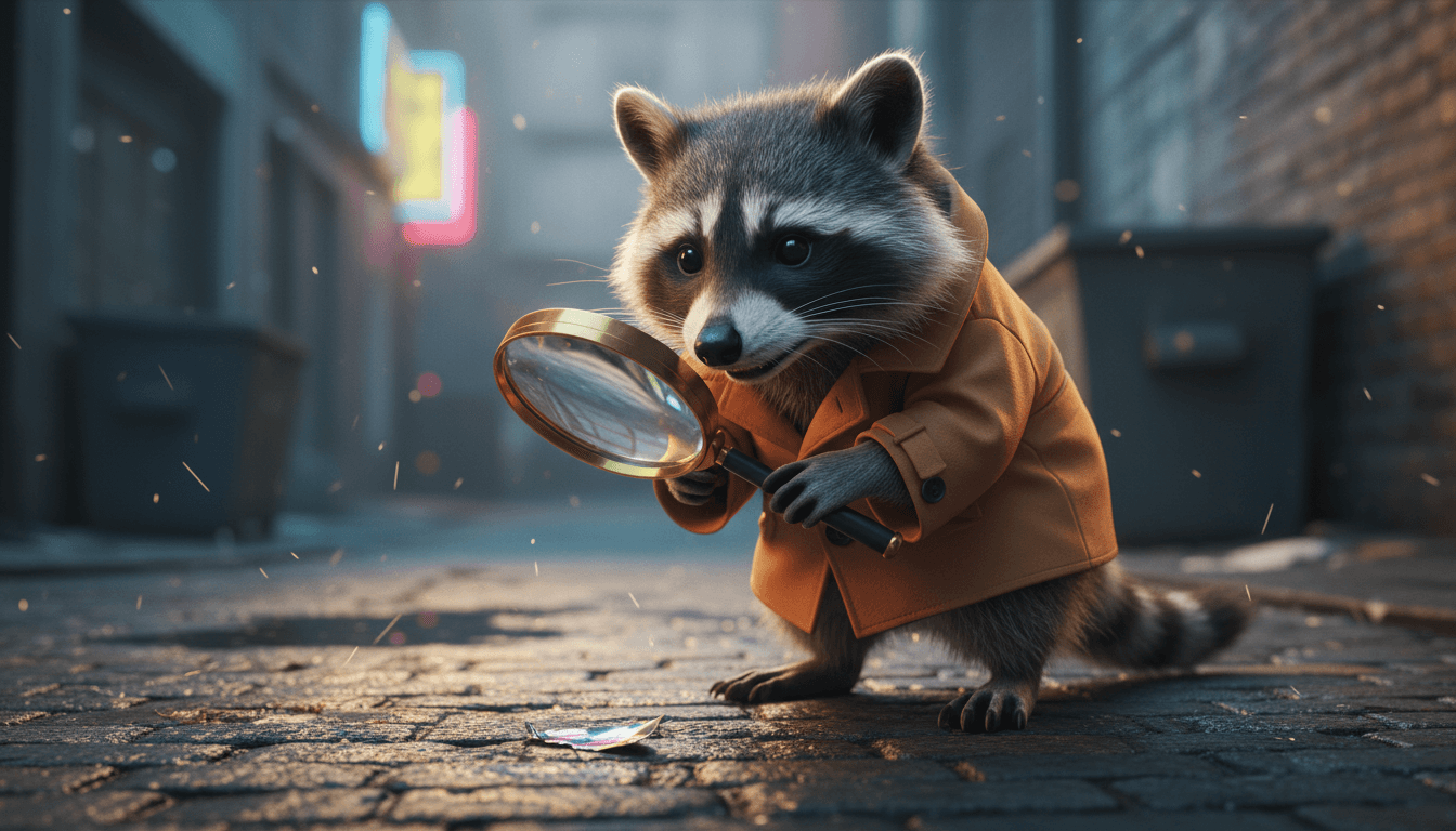 A small raccoon wearing a tan trench coat stands in a wet cobblestone alleyway, holding a gold-rimmed magnifying glass to inspect a clue on the ground. Generated using the Nano Banana model at 1344x768 resolution, the scene features soft, misty lighting with blurred background elements.