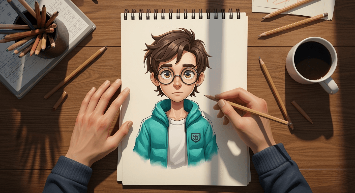 An overhead shot of a wooden desk where hands sketch a stylized cartoon boy with glasses in a spiral notebook. Scattered pencils and a cup of black coffee sit nearby, generated by Imagen4 at 1408x768 resolution.