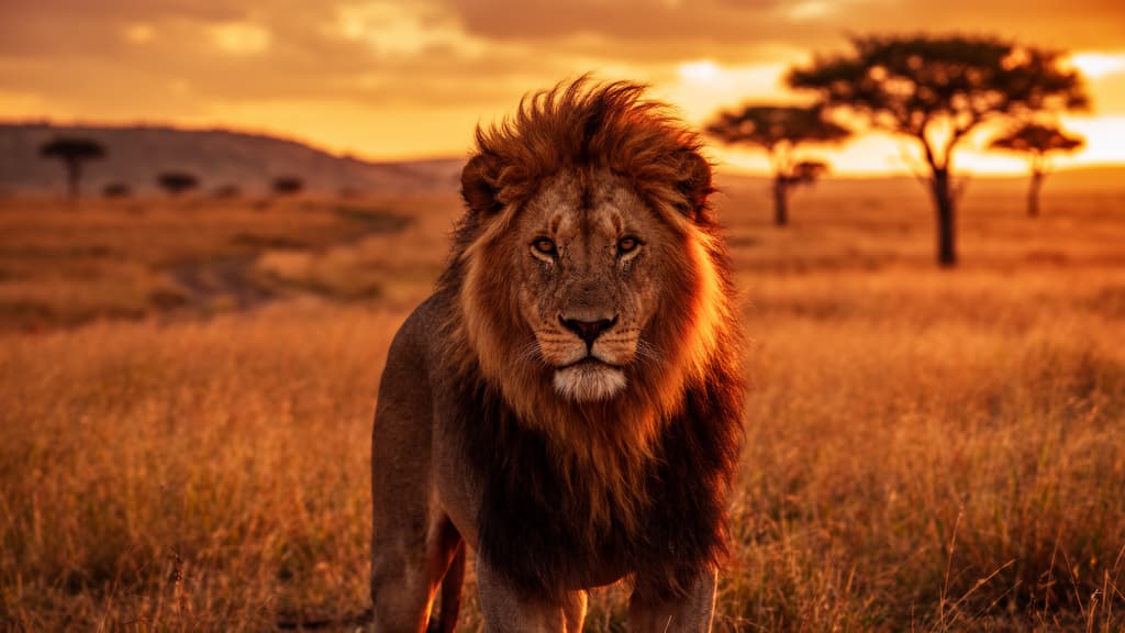 A close-up shot of a majestic male lion with a full mane standing in the African savanna. The scene is bathed in warm golden hour light from a sunset. In the background, acacia trees and distant hills are visible under an orange sky. Created using Flux.2 [flex] at 1024x576 resolution.
