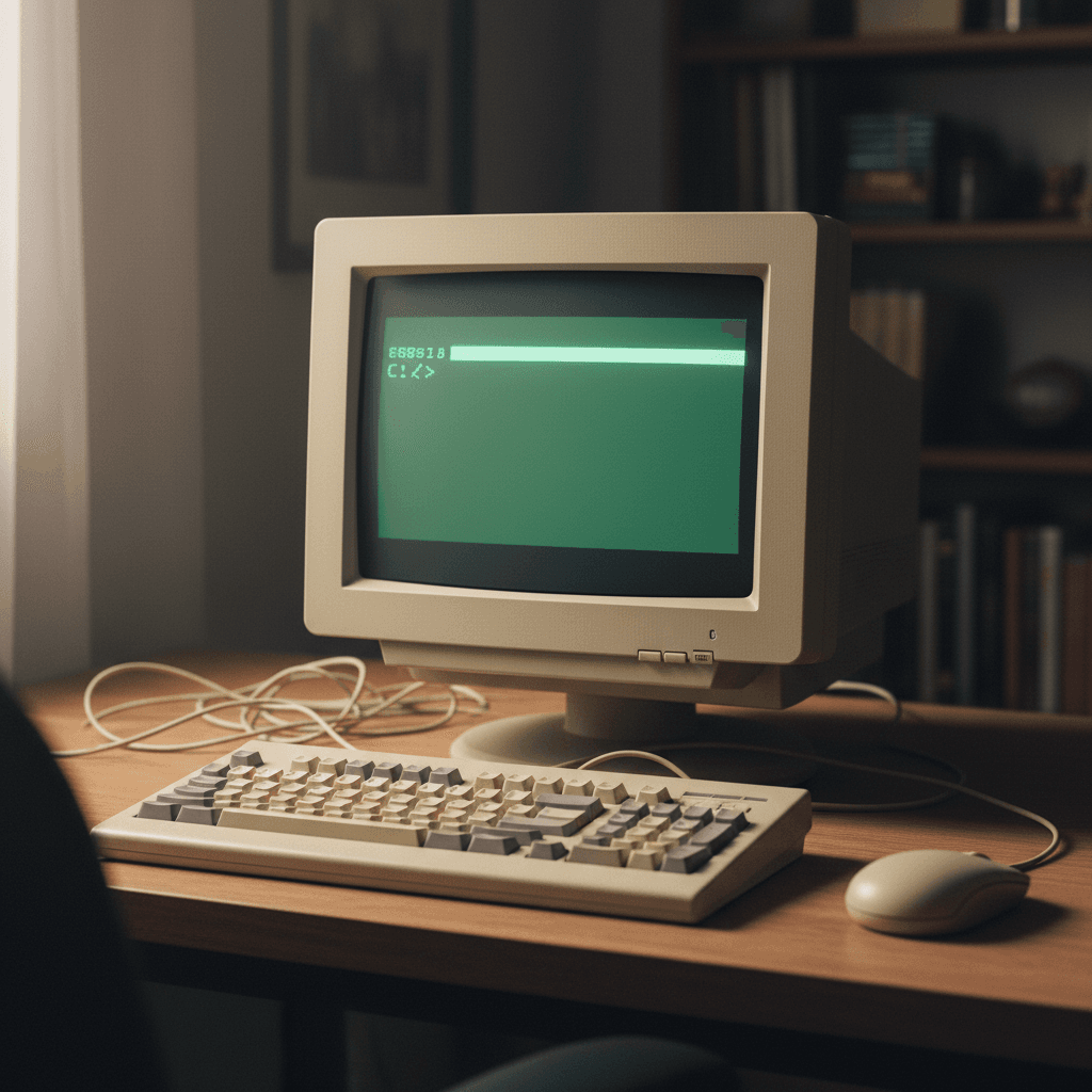A square 1024x1024 digital image of a vintage 1990s computer system generated by the Nano Banana model. The setup features a beige CRT monitor showing a green command prompt screen, a matching mechanical keyboard, and a wired mouse sitting on a wooden desk in a dimly lit room.