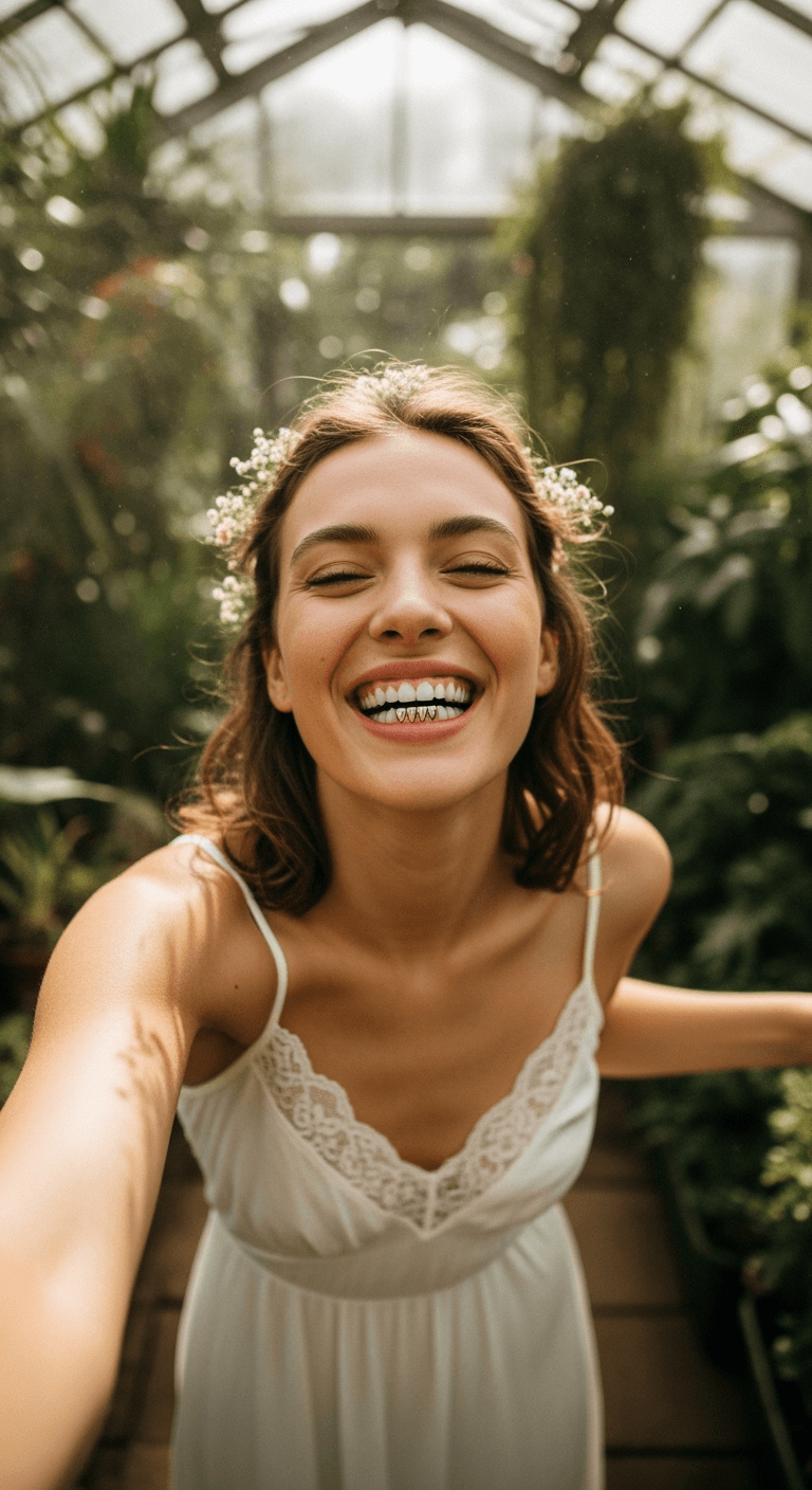A high-resolution 768x1408 image generated by Imagen4 showing a close-up, wide-angle selfie of a laughing young woman with baby's breath flowers in her hair. She wears a white lace-trimmed dress inside a sunlit greenhouse filled with lush green foliage.