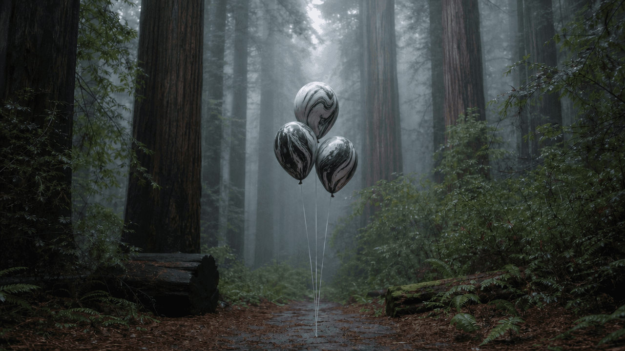 A 1280x720 image of three black and white marbled balloons floating on strings in a misty redwood forest. The scene is filled with towering redwood tree trunks, green ferns, and damp earth, generated using the GPT Image 2 Medium model.