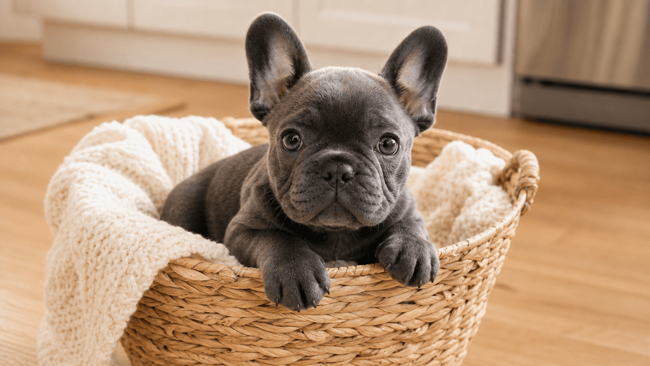 A close-up shot of a small, slate-blue French bulldog puppy looking directly forward from inside a woven wicker basket lined with a cream-colored knit blanket. Generated by GPT Image 2 Medium at 1280x720 resolution, the image features soft, warm indoor lighting on a wooden floor.