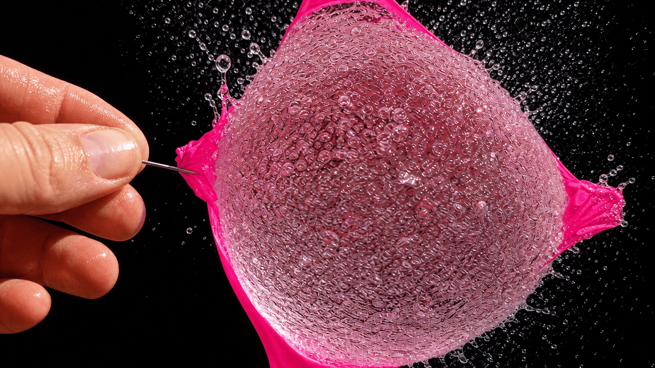 A high-speed macro photograph of a hand piercing a bright pink water balloon with a needle. The balloon is frozen at the exact microsecond of popping, spraying water droplets against a black background. Generated with GPT Image 2 Medium at 1280x720 resolution.