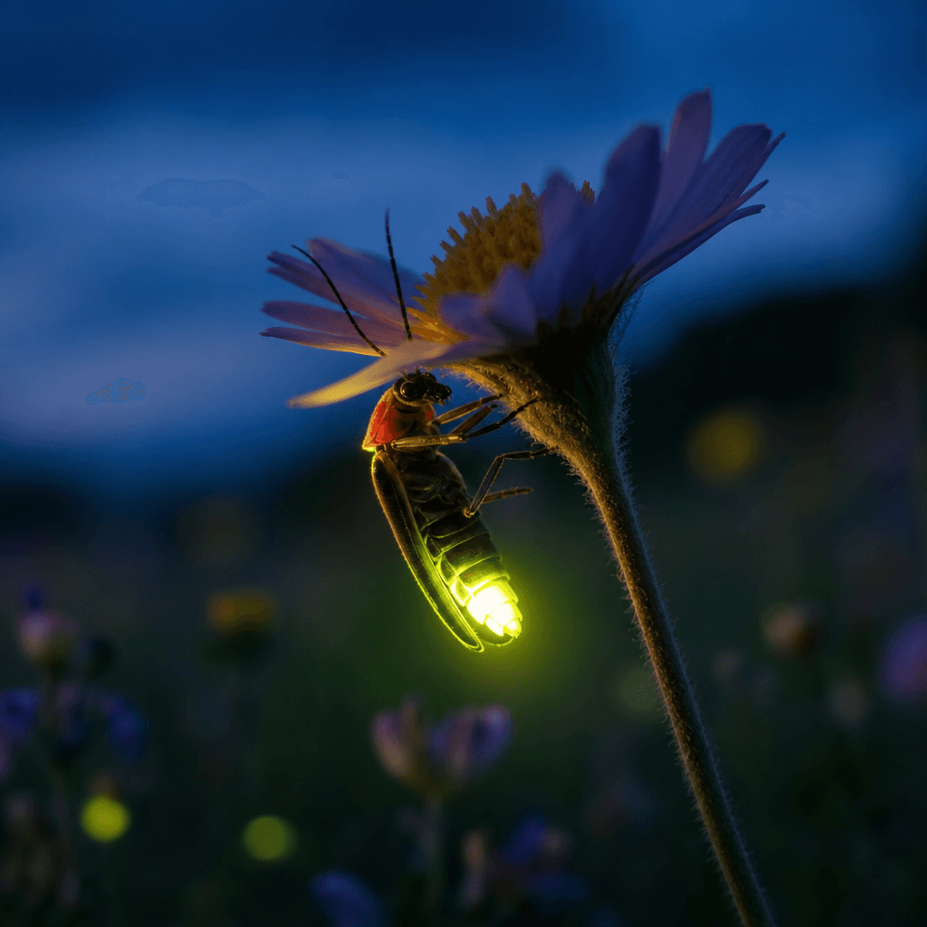 A close-up square image of a glowing firefly clinging to the underside of a purple wildflower at dusk. The firefly's abdomen shines with a bright yellow-green light, casting a warm glow on the flower stem. This text-to-image generation has a 1024x1024 resolution, created with GPT Image 2 Medium.