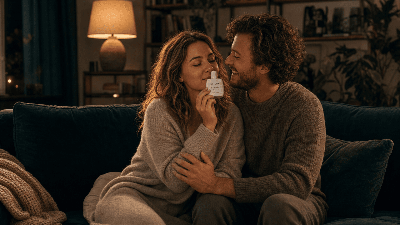 A medium shot of a young couple sitting on a dark teal velvet couch in a warmly lit room. The woman holds a small white bottle near her face while the man smiles beside her. This 1280x720 image-to-image generation was created using the GPT Image 2 High model.