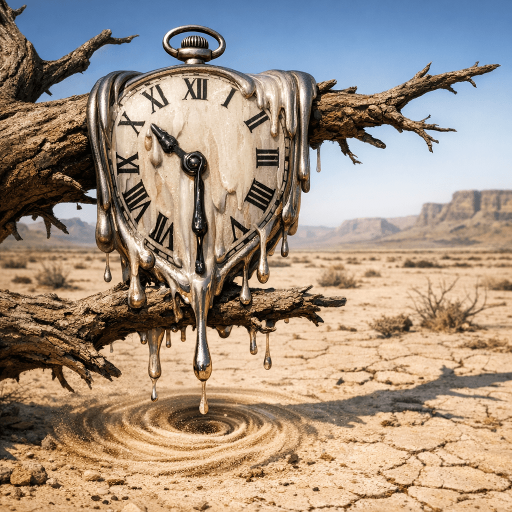 A square 1024x1024 image generated by GPT Image 1.5 showing a surreal scene of a melting pocket watch with Roman numerals draped over a gnarled, leafless tree branch. The watch face is dripping onto the cracked desert floor below, where a small sand vortex forms.