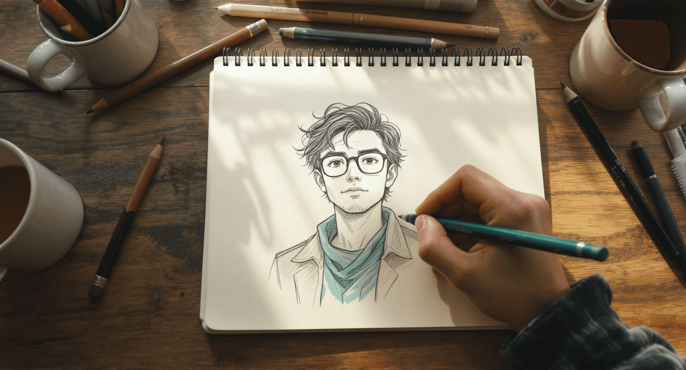 An overhead shot of a wooden desk where a hand uses a pencil to draw a stylized portrait of a young man with glasses in a spiral sketchbook. The scene is illuminated by soft morning light, with pencils and coffee mugs scattered around. Generated using Flux Kontext Max at 1392x752 resolution.