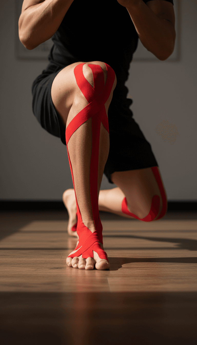 A vertical close-up shot of an athlete's legs in a lunge stance on a wooden floor. Bright red kinesiology tape is wrapped around the knee, shin, and foot. Generated with the Nano Banana model at 768x1344 resolution, the image features warm, natural sunlight casting soft shadows.