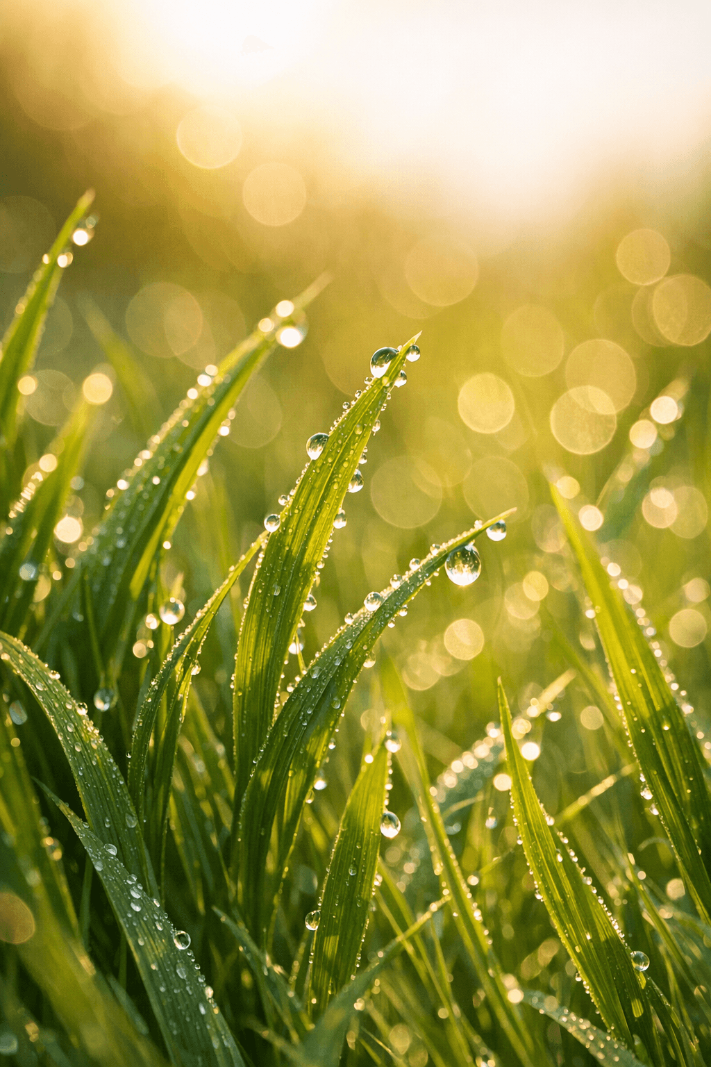 A vertical close-up shot of vibrant green grass blades covered in glistening dewdrops. The scene is backlit by warm, golden morning sunlight, creating a soft bokeh effect in the background. Generated by GPT Image 1.5 at 1024x1536 resolution.