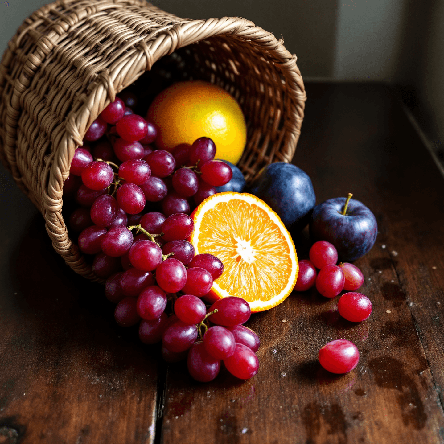 A high-resolution 1440x1440 still life image generated by Flux 1.1 Pro. A rustic wicker basket is tipped on its side on a dark wooden table, spilling out fresh fruit. The selection includes a large cluster of glossy red grapes, a sliced half of an orange, and several dark purple plums.