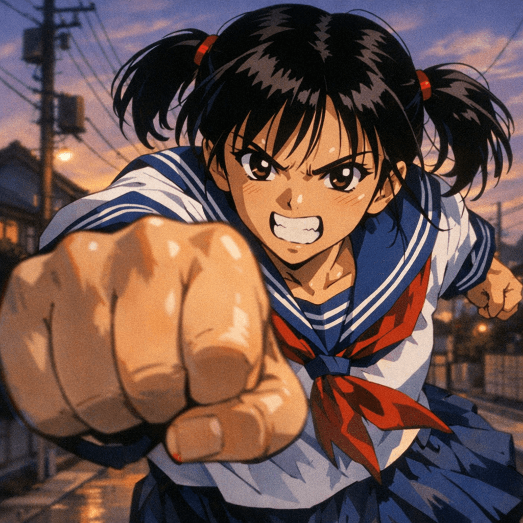 An anime-style digital illustration of a teenage girl with black hair in pigtails, wearing a blue and white Japanese school uniform. She is throwing a powerful punch directly at the camera. Generated using GPT Image 1.5 at 1024x1024 resolution via text-to-image, the scene features a warm sunset background on a residential street.