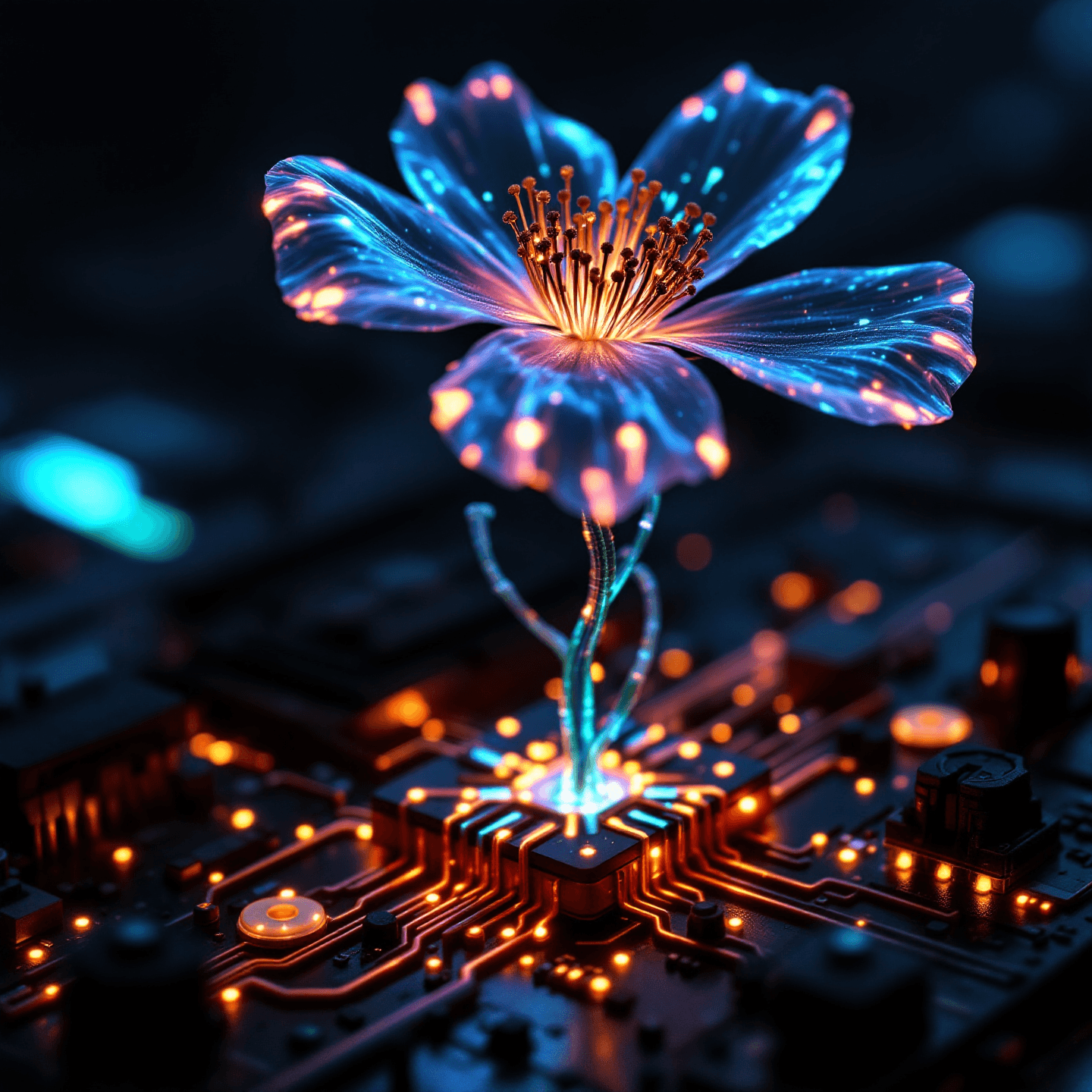 A close-up, square 1440x1440 image generated by Flux 1.1 Pro. A translucent, glowing blue and orange flower grows directly from a dark microchip on a detailed computer circuit board. Glowing fiber-optic lines trace the stem, while warm orange lights illuminate the circuit paths below.
