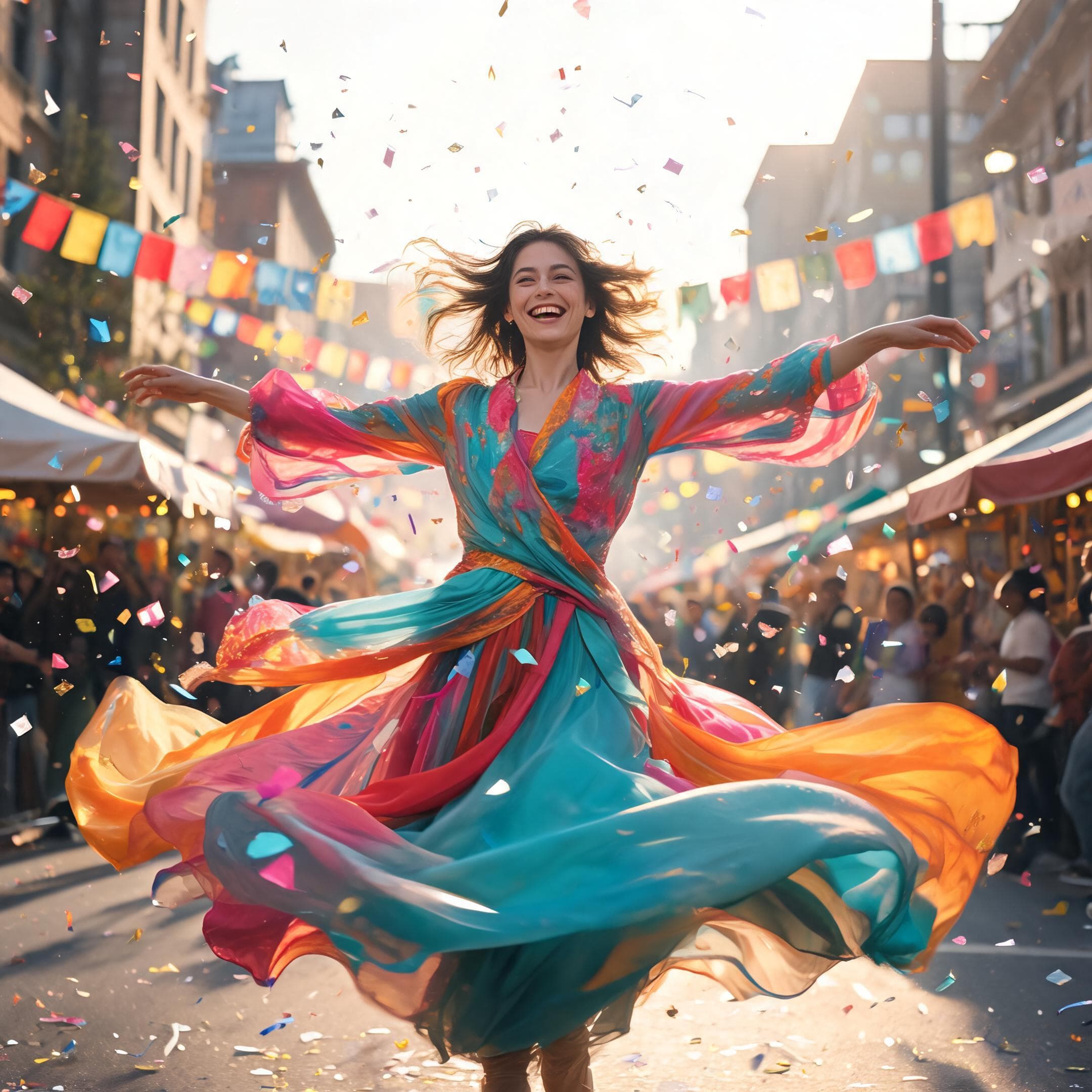 A centered shot of a smiling woman in a vibrant, multi-colored flowing dress spinning with outstretched arms during a sunny street festival. Multi-colored flags hang overhead as confetti rains down around her. This 2160x2160 resolution image was generated using the Seedream 5.0 Lite model.