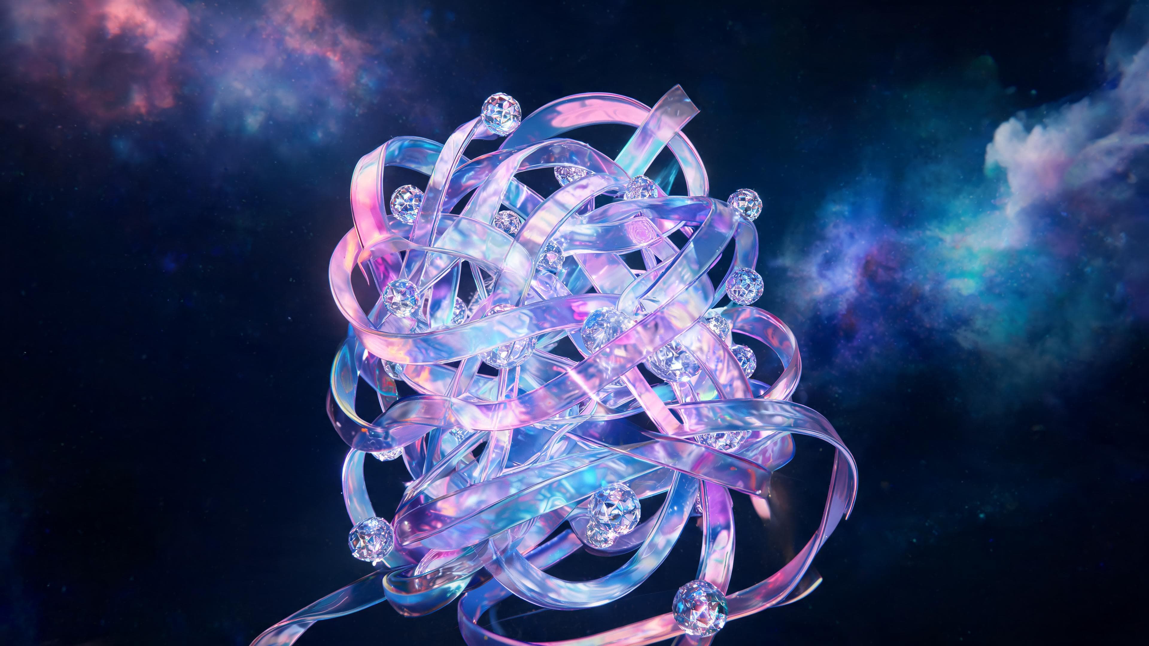 An abstract sculpture made of tangled, iridescent pink and blue ribbons and small crystalline spheres floats in space. The background features a dark void with colorful pink and blue nebulae. This high-resolution 3840x2160 image was generated using the Seedream 5.0 Lite model.