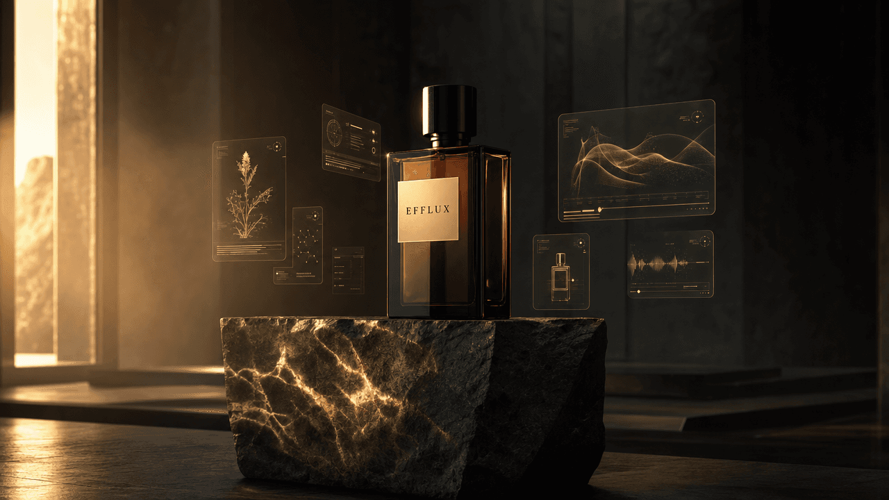 A wide shot of a dark amber perfume bottle labeled EFFLUX sitting on a rough basalt stone pedestal. Golden sunlight streams from the left, illuminating the stone and bottle. Translucent holographic interfaces with golden charts and botanical sketches float in the dark background. Generated using GPT Image 2 High at 1280x720 resolution.